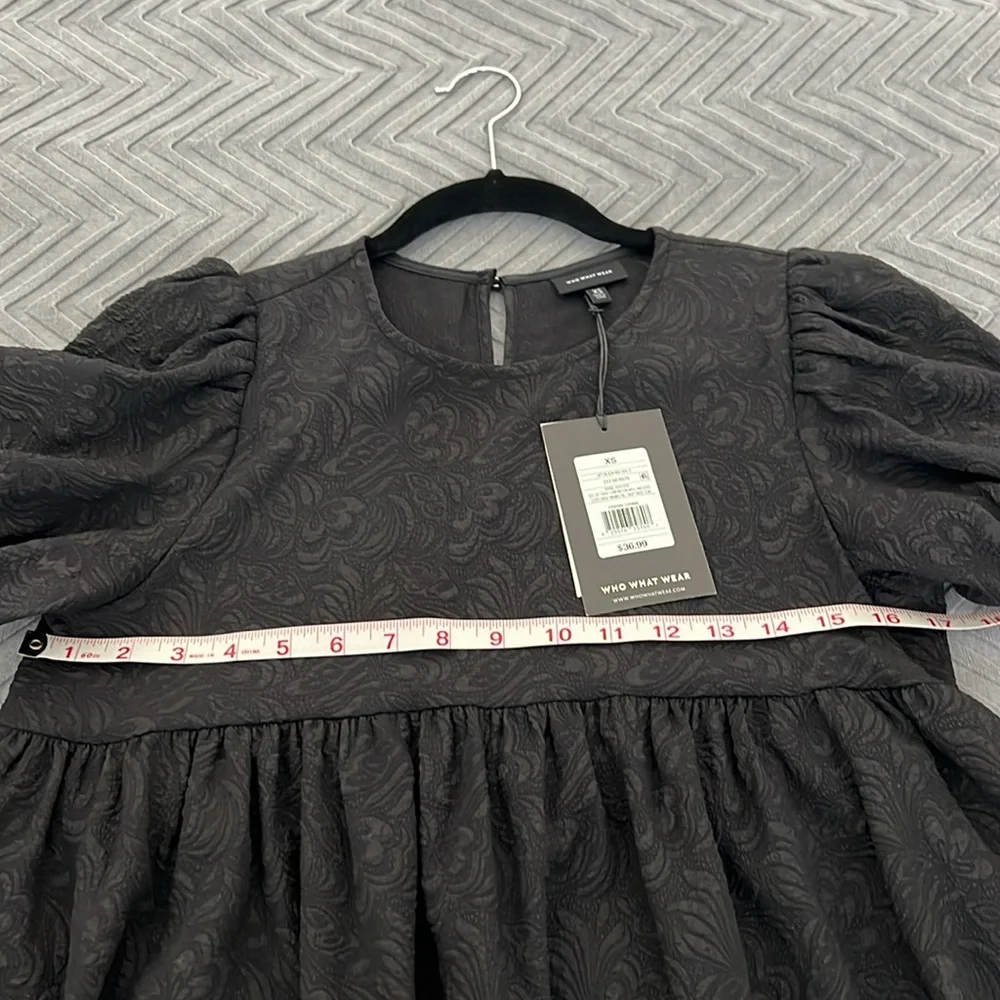 NWT Who What Wear Puff Sleeve Babydoll Dress in Black Jacquard - Picture 16 of 16